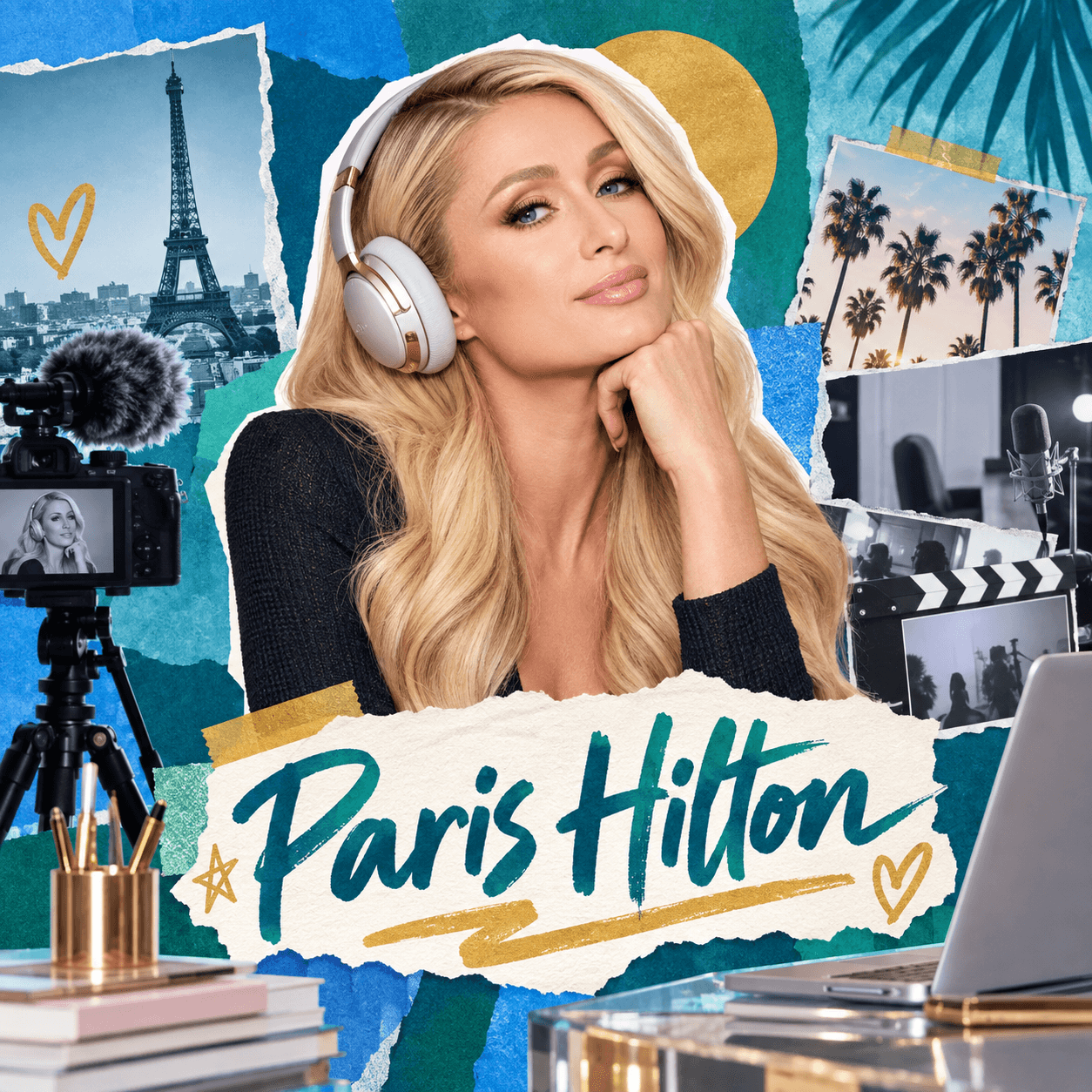 Collage numérique de Paris Hilton avec un casque audio, une caméra, un micro et un ordinateur de production.