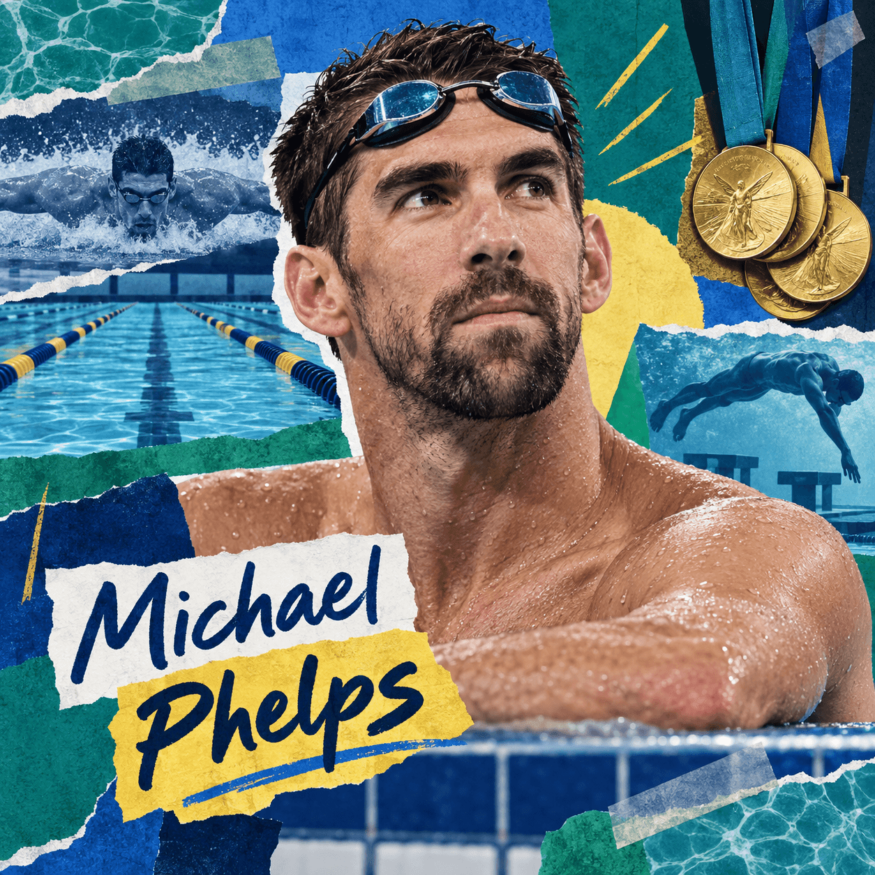 Collage numérique de Michael Phelps au bord d’un bassin, avec lunettes de natation, nageurs et médailles.