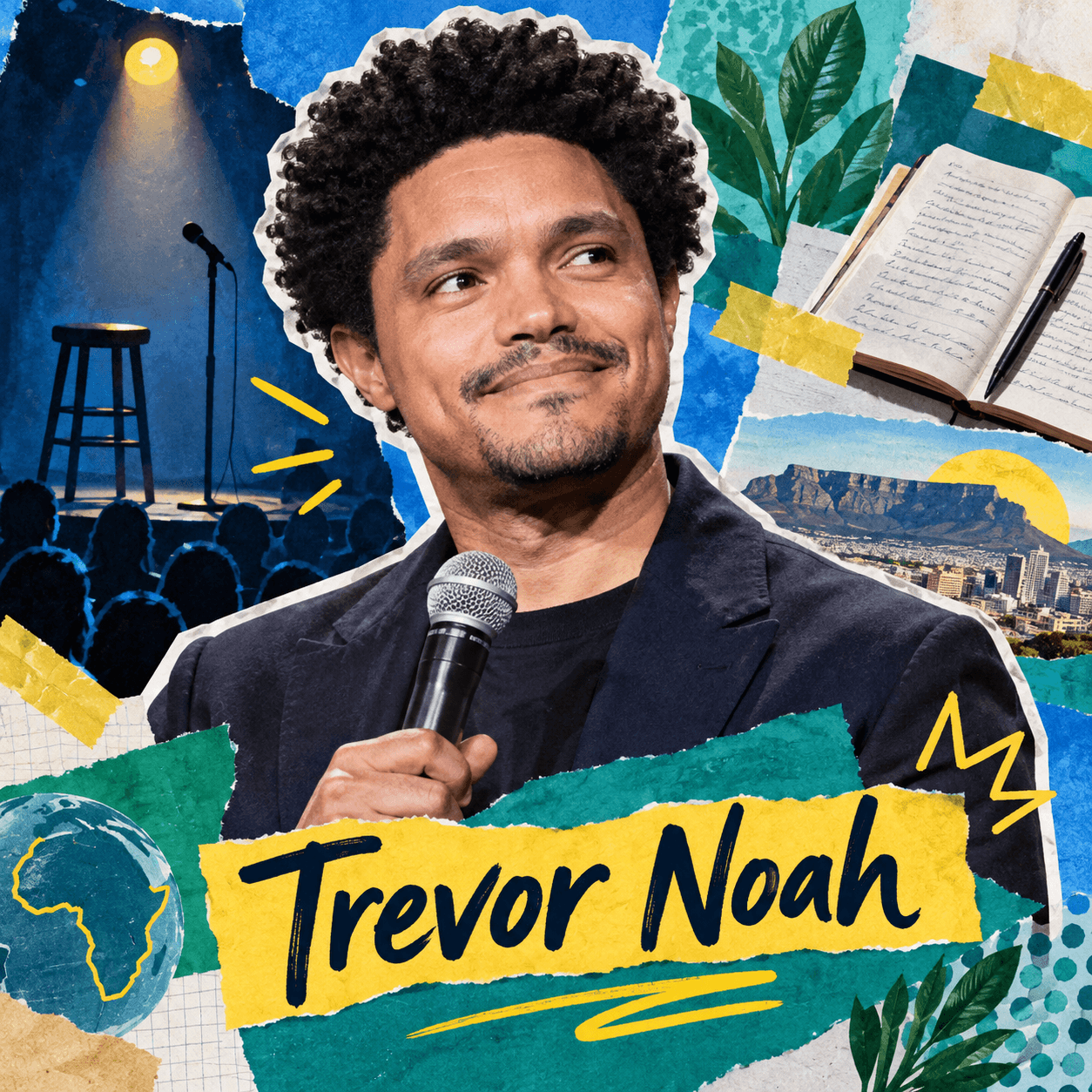 Collage numérique de Trevor Noah avec un micro de stand-up, une scène, un carnet et une vue du Cap.