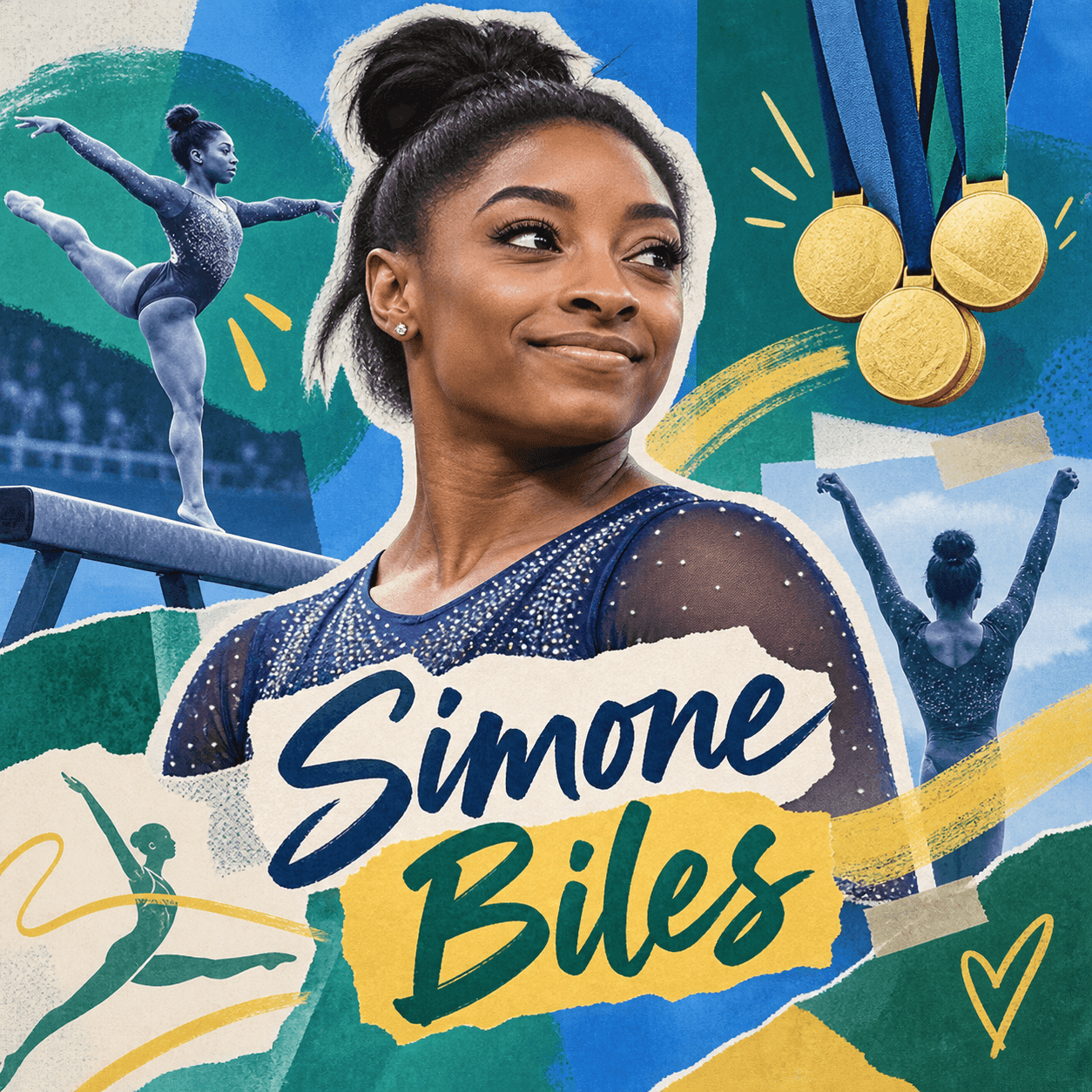 Collage numérique de Simone Biles en tenue de gymnastique, avec une poutre, plusieurs figures et des médailles.