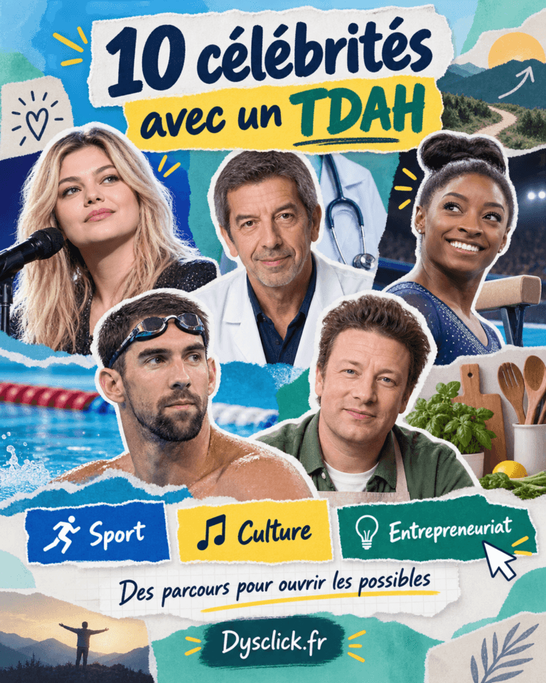 Collage de Louane, Michel Cymes, Simone Biles, Michael Phelps et Jamie Oliver avec le titre « 10 célébrités avec un TDAH » et les repères sport, culture et entrepreneuriat.
