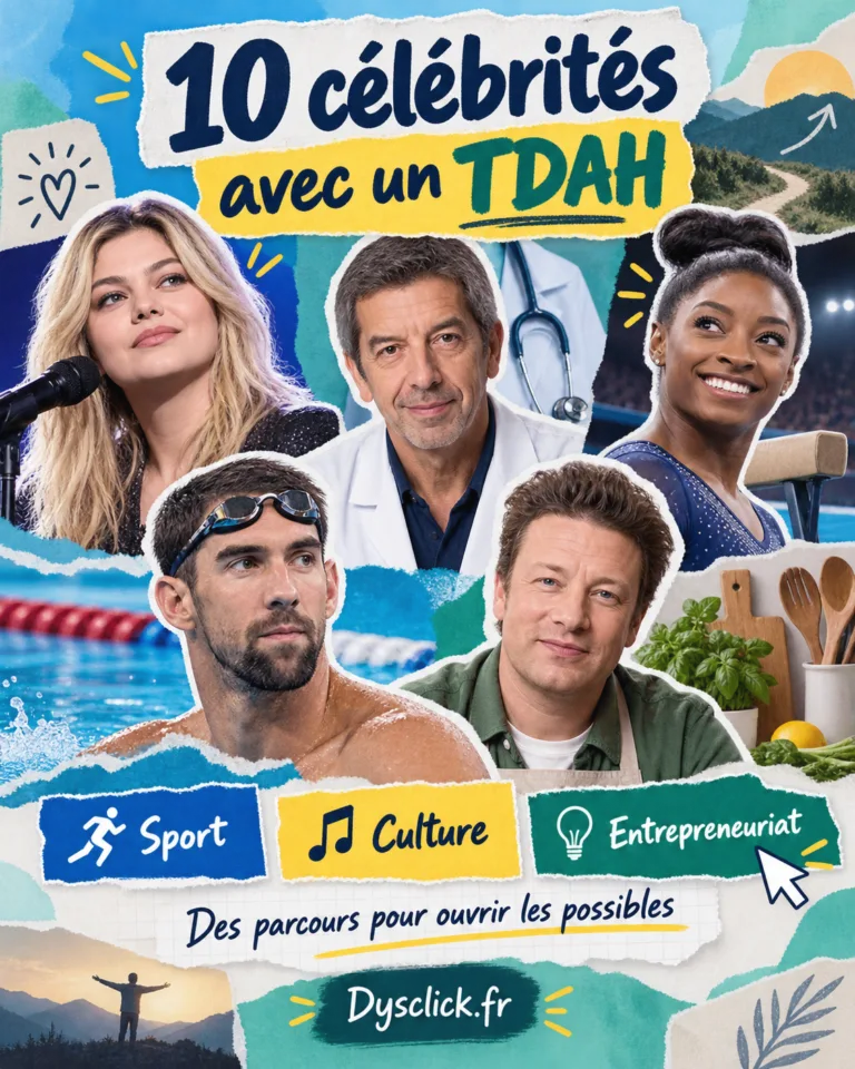 Collage de Louane, Michel Cymes, Simone Biles, Michael Phelps et Jamie Oliver avec le titre « 10 célébrités avec un TDAH » et les repères sport, culture et entrepreneuriat.