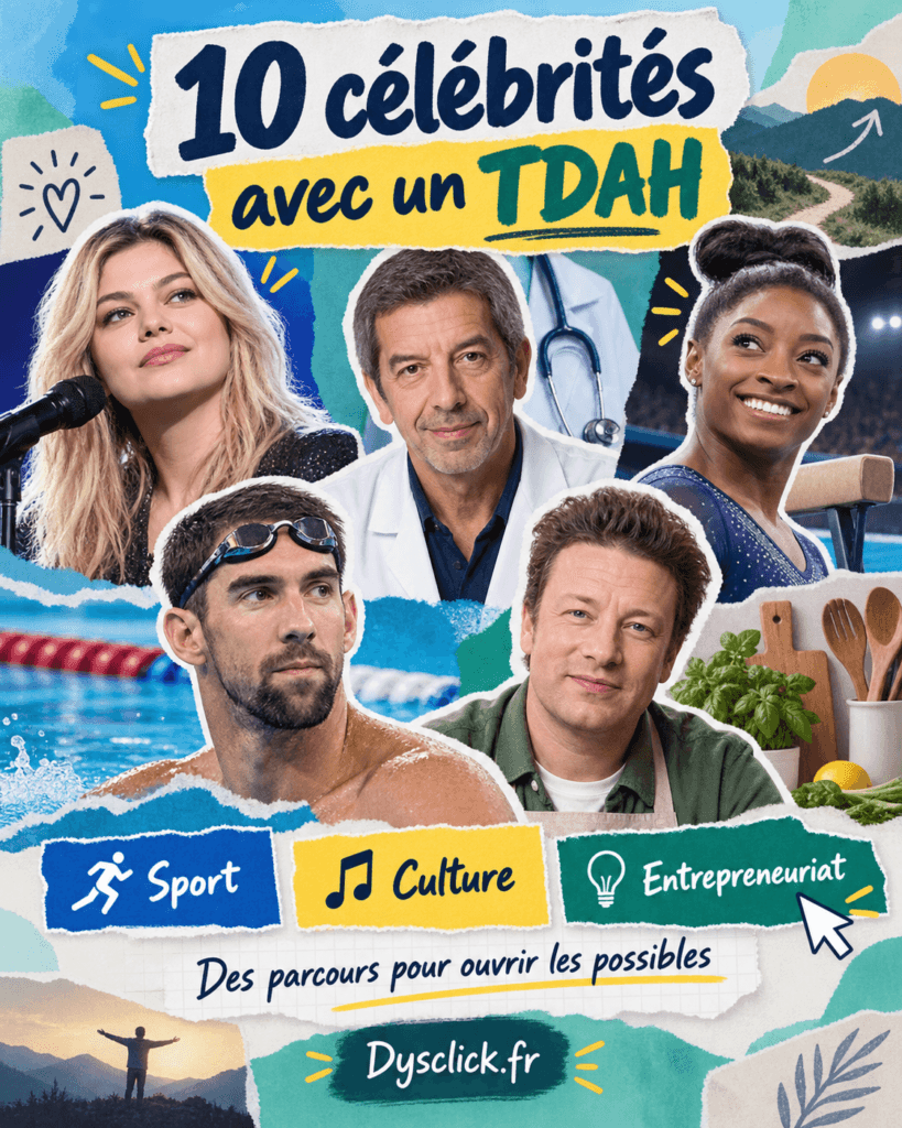 Collage de Louane, Michel Cymes, Simone Biles, Michael Phelps et Jamie Oliver avec le titre « 10 célébrités avec un TDAH » et les repères sport, culture et entrepreneuriat.
