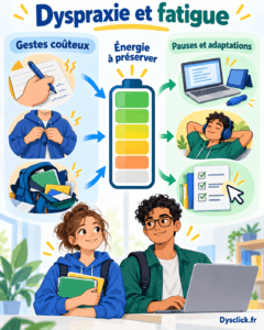 Infographie sur la dyspraxie et la fatigue : écriture, habillage et organisation sollicitent le budget d’énergie, tandis que l’ordinateur, les pauses et les checklists peuvent réduire les efforts inutiles.