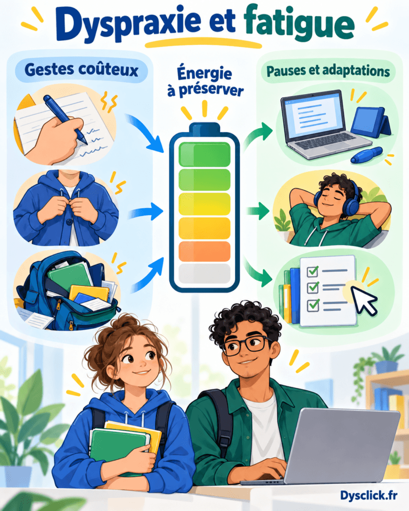 Infographie sur la dyspraxie et la fatigue : écriture, habillage et organisation sollicitent le budget d’énergie, tandis que l’ordinateur, les pauses et les checklists peuvent réduire les efforts inutiles.