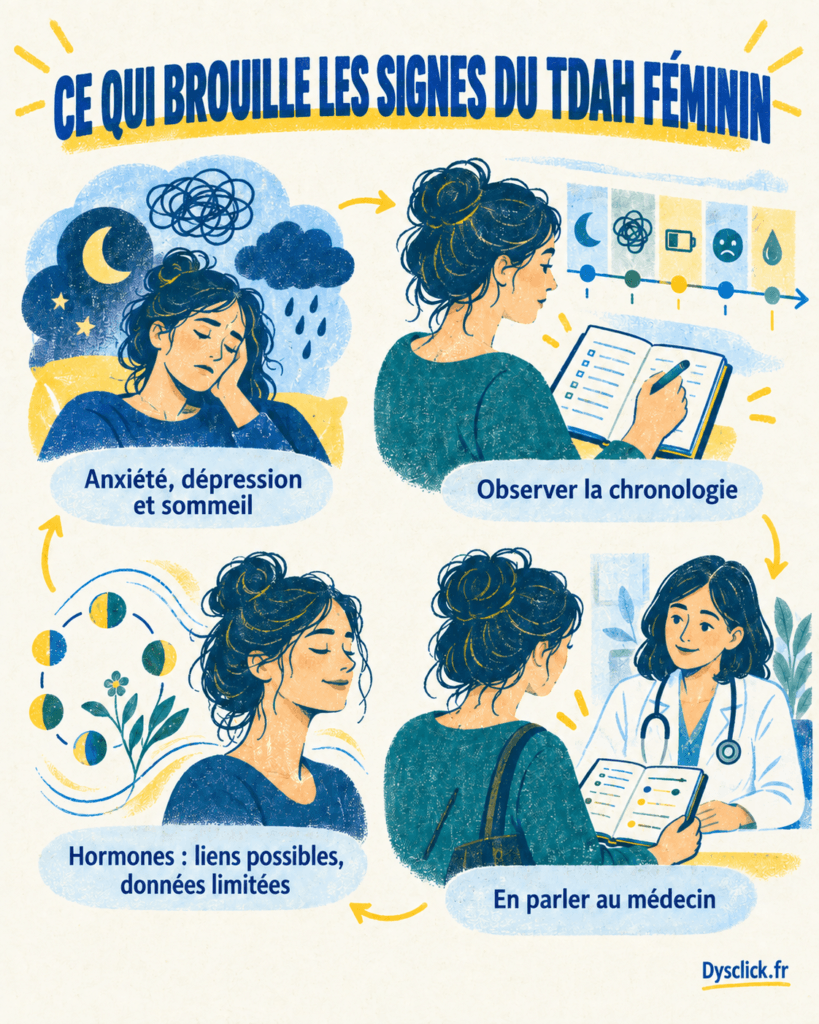 Fiche en risographie intitulée Ce qui brouille les signes du TDAH féminin, montrant une femme adulte qui observe la chronologie de difficultés liées à l’anxiété, au sommeil et aux variations hormonales, puis en parle à son médecin.