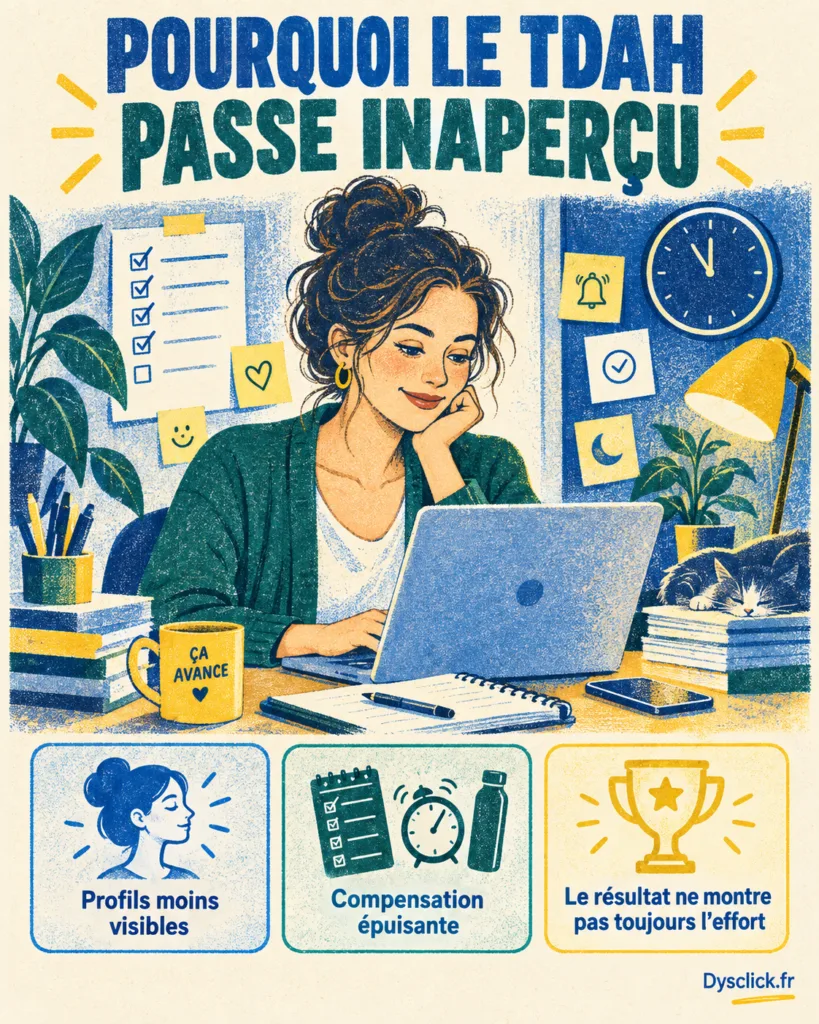 Pourquoi le TDAH passe plus facilement inaperçu chez les femmes Fiche en risographie montrant une femme adulte apparemment organisée, avec trois raisons expliquant pourquoi le TDAH peut passer inaperçu : profils moins visibles, compensation épuisante et effort masqué par le résultat.