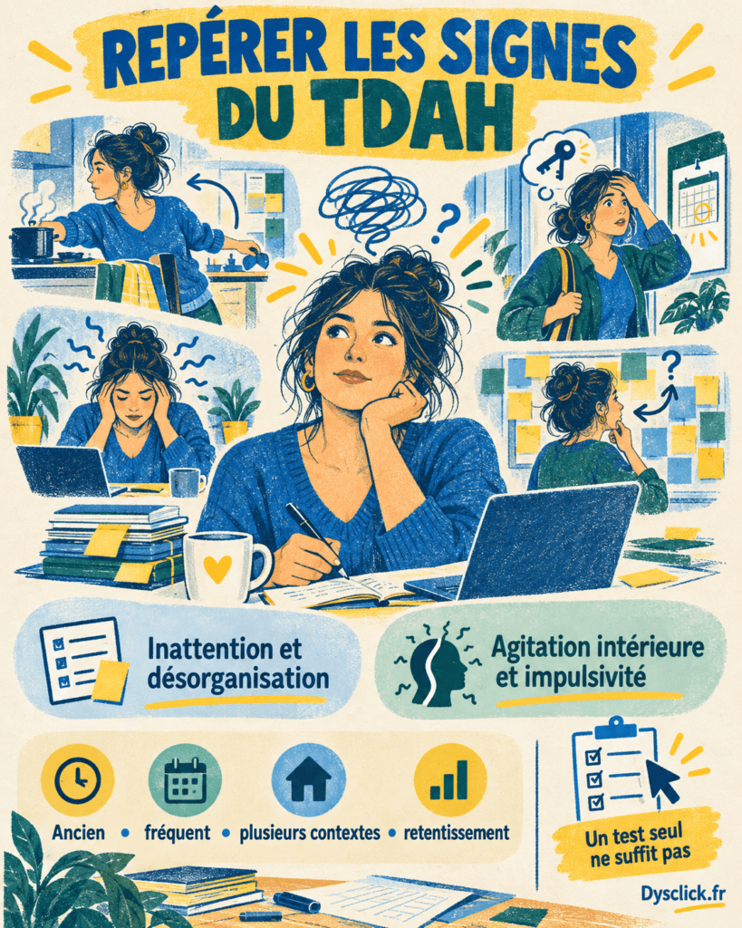 Fiche en risographie illustrant des signes possibles du TDAH chez une femme adulte : inattention, désorganisation, agitation intérieure et impulsivité, à observer dans la durée, plusieurs contextes et selon leur retentissement.