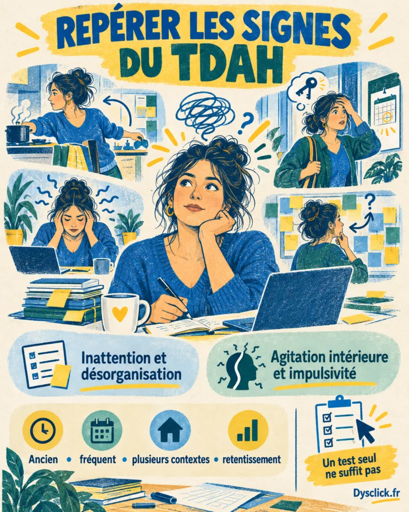 Repérer les signes du TDAH chez la femme adulte Fiche en risographie illustrant des signes possibles du TDAH chez une femme adulte : inattention, désorganisation, agitation intérieure et impulsivité, à observer dans la durée, plusieurs contextes et selon leur retentissement.
