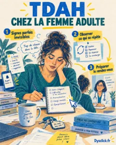 Couverture en risographie montrant une femme adulte fatiguée qui note ses difficultés du quotidien, avec trois étapes : repérer des signes parfois invisibles, observer ce qui se répète et préparer un rendez-vous médical.
