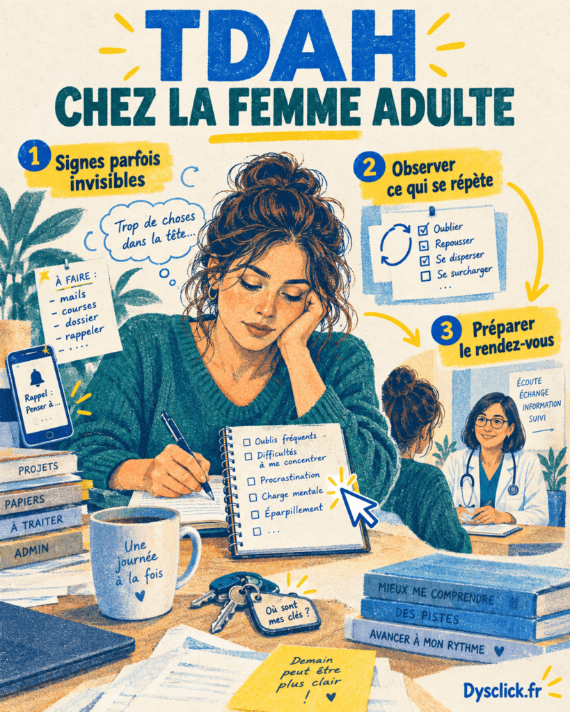 Couverture en risographie montrant une femme adulte fatiguée qui note ses difficultés du quotidien, avec trois étapes : repérer des signes parfois invisibles, observer ce qui se répète et préparer un rendez-vous médical.