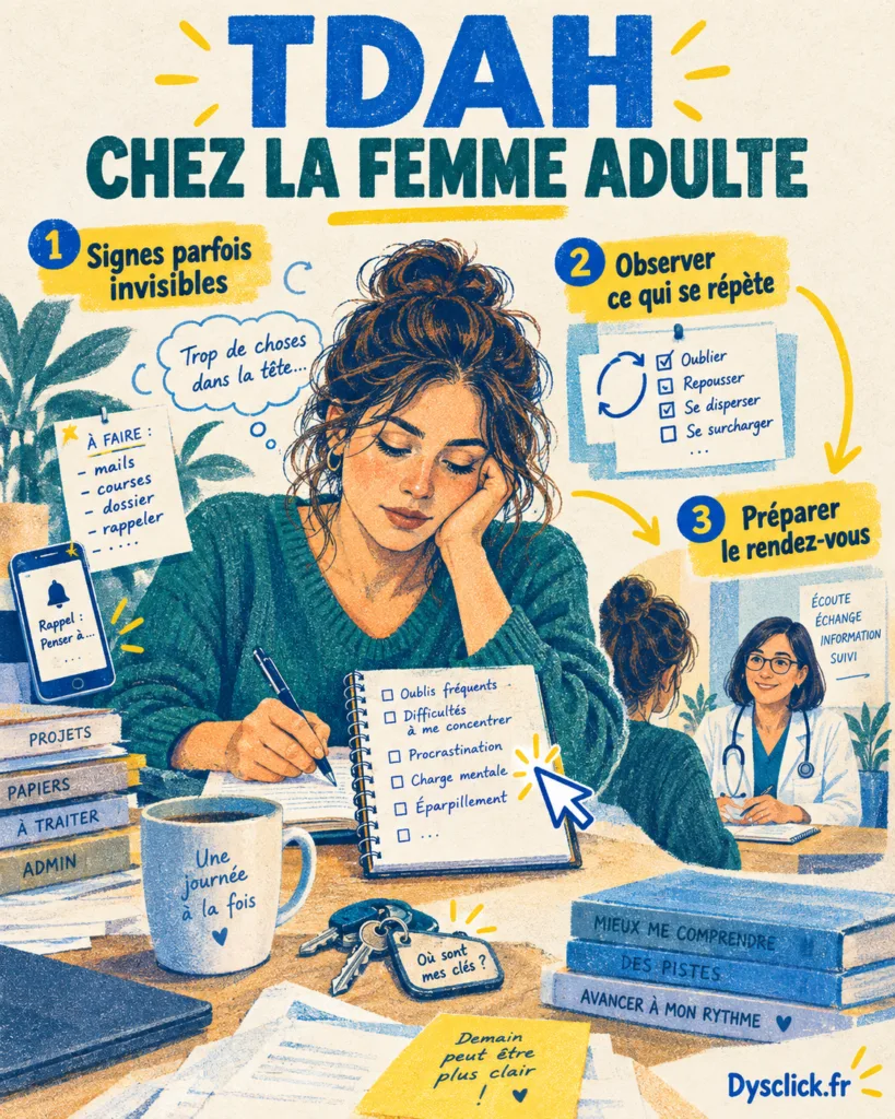 Couverture en risographie montrant une femme adulte fatiguée qui note ses difficultés du quotidien, avec trois étapes : repérer des signes parfois invisibles, observer ce qui se répète et préparer un rendez-vous médical.