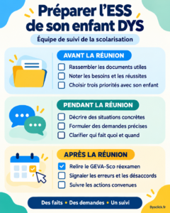 Fiche résumé pour préparer l’ESS d’un enfant DYS : avant, rassembler les documents, noter les besoins et choisir trois priorités ; pendant, décrire les situations, préciser les demandes et les responsabilités ; après, relire le GEVA-Sco, signaler les désaccords et suivre les actions.