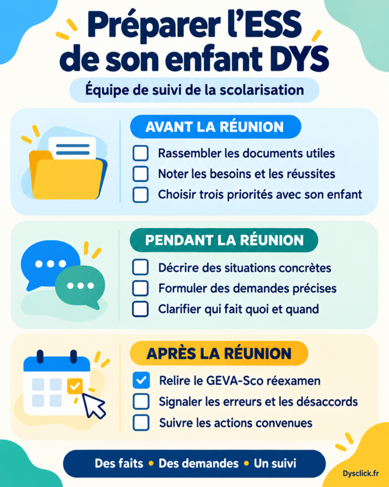 Fiche résumé pour préparer l’ESS d’un enfant DYS : avant, rassembler les documents, noter les besoins et choisir trois priorités ; pendant, décrire les situations, préciser les demandes et les responsabilités ; après, relire le GEVA-Sco, signaler les désaccords et suivre les actions.