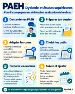 Fiche PAEH et dyslexie en études supérieures : contacter le référent handicap, préparer le dossier, adapter les cours, choisir les outils, demander les aménagements d’examens et suivre leur application. Un dossier MDPH n’est pas obligatoire.