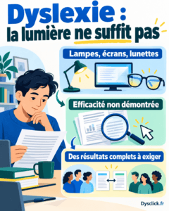 Lampes, écran et lunettes pour la dyslexie : une infographie rappelle que leur efficacité reste à démontrer et que des résultats complets sont nécessaires.