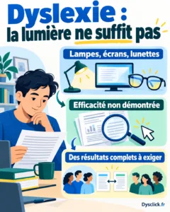 Lampes, écran et lunettes pour la dyslexie : une infographie rappelle que leur efficacité reste à démontrer et que des résultats complets sont nécessaires.