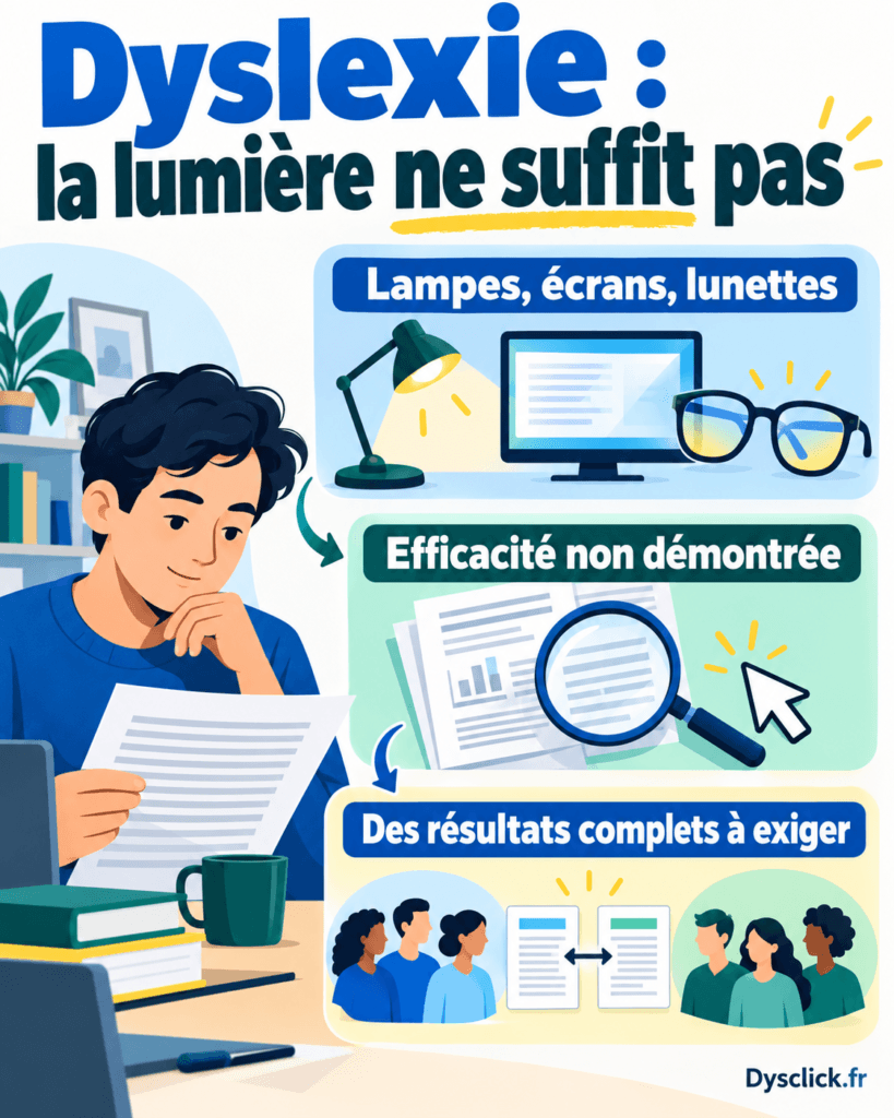 Lampes, écran et lunettes pour la dyslexie : une infographie rappelle que leur efficacité reste à démontrer et que des résultats complets sont nécessaires.