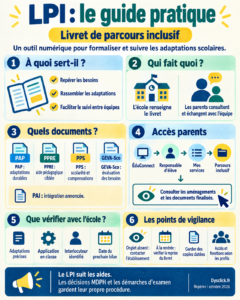 Infographie LPI : utilité du livret, rôles de l’école et des parents, documents PAP, PPRE, PPS et GEVA-Sco, accès ÉduConnect, adaptations à vérifier et points de vigilance pour le suivi scolaire.