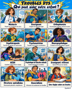 Couverture en bande dessinée présentant neuf professionnels en superhéros et leurs rôles : médecin, enseignant, orthophoniste, ergothérapeute, psychomotricien, neuropsychologue, AESH, psychologue de l’Éducation nationale et enseignant référent. Deux cases présentent les structures spécialisées et les associations ; une dernière montre l’enfant et une équipe selon ses besoins.