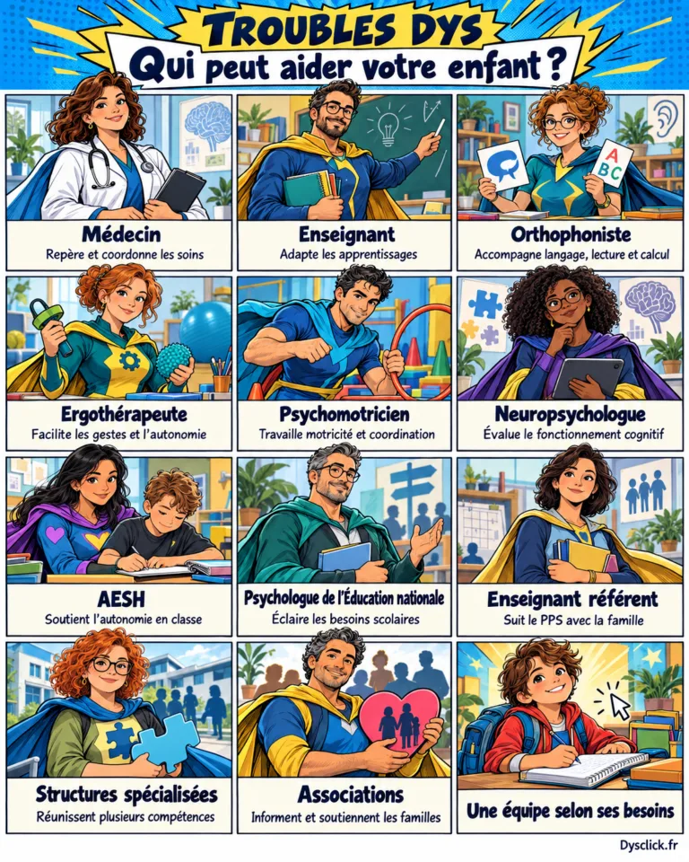 Couverture en bande dessinée présentant neuf professionnels en superhéros et leurs rôles : médecin, enseignant, orthophoniste, ergothérapeute, psychomotricien, neuropsychologue, AESH, psychologue de l’Éducation nationale et enseignant référent. Deux cases présentent les structures spécialisées et les associations ; une dernière montre l’enfant et une équipe selon ses besoins.