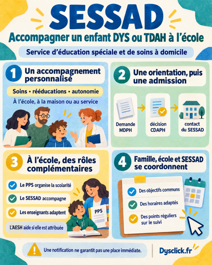 SESSAD pour enfant DYS ou TDAH : soins et autonomie dans les lieux de vie ; demande MDPH, décision CDAPH puis contact du service ; rôles du PPS, des enseignants et de l’AESH ; objectifs, horaires et bilans partagés entre famille, école et SESSAD. La notification ne garantit pas une place immédiate.