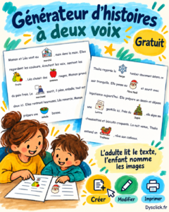 Générateur d’histoires à deux voix Dysclick : un adulte et un enfant lisent ensemble, avec deux exemples de récits illustrés et les fonctions créer, modifier et imprimer.