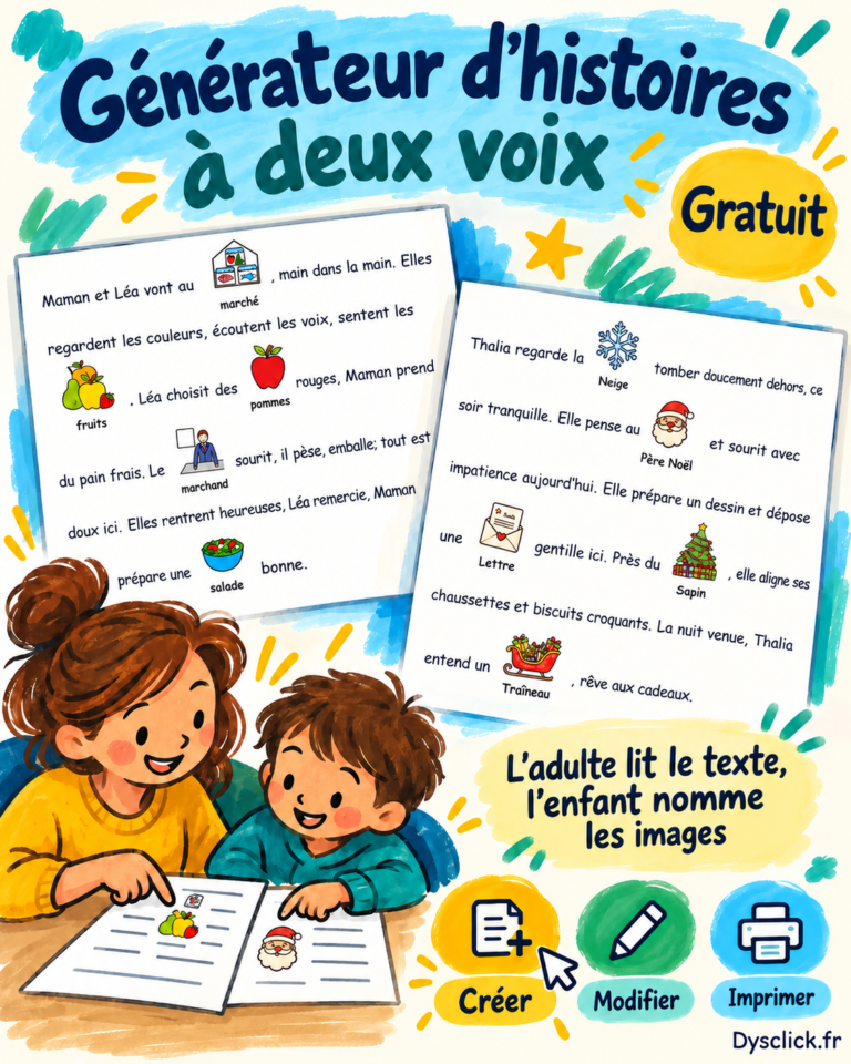 Générateur d’histoires à deux voix Dysclick : un adulte et un enfant lisent ensemble, avec deux exemples de récits illustrés et les fonctions créer, modifier et imprimer.