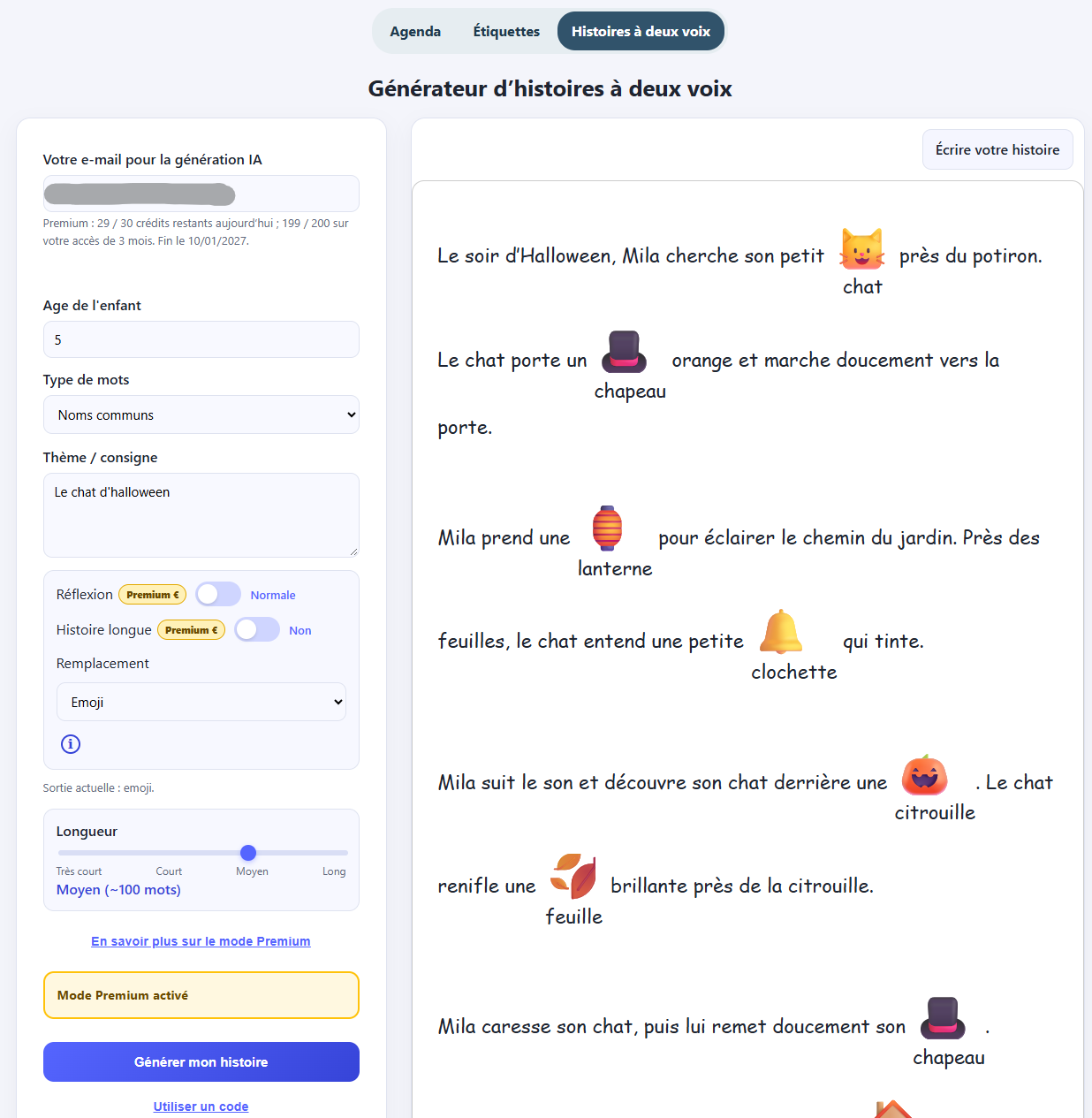 Interface du générateur Dysclick avec les réglages à gauche et une histoire d’Halloween à droite où des emoji remplacent les mots chat, chapeau, lanterne et citrouille.
